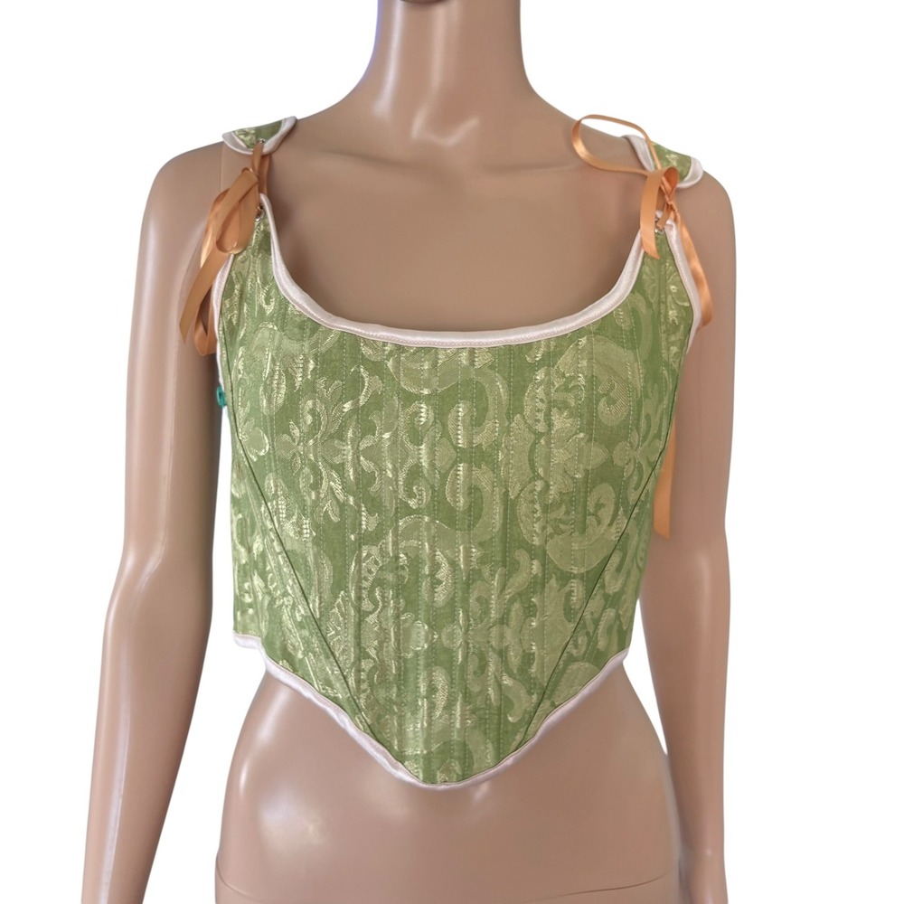 Y2K Style Damask Jacquard Corset Green Top Lace Up Renaissance Bustier S